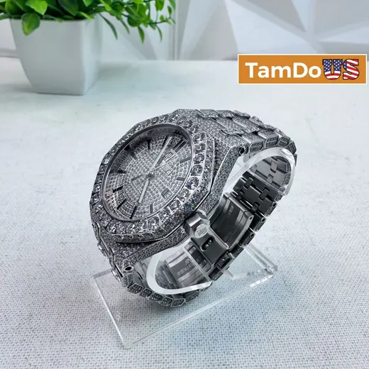Men’s Luxury Iced Moissanite Watch Silver Tone Full Stone Set Quartz at TamDoUS Taylorsville