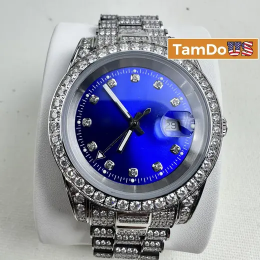 Moissanite $2882 Presidential Watch 41mm, Blue Dial, 13.3CT VVS, White Gold Auto at TamDoUS Taylorsville