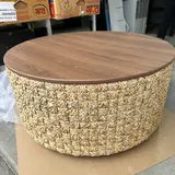 Round Woven Natural Fiber Coffee Table, 31.5" Walnut Top, Modern Boho - Thumbnail 5