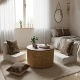 Round Woven Natural Fiber Coffee Table, 31.5" Walnut Top, Modern Boho - Thumbnail 3