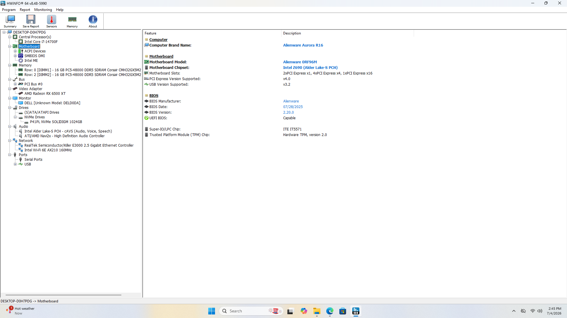 Alienware Aurora R16 Gaming Desktop, i7-14700F, 32GB DDR5, 1TB SSD, RX 6500 XT - Thumbnail 8