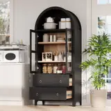 Arched Kitchen Cabinet $229 71" Pantry w/ Glass Doors 2 Drawers Wood Furniture - Thumbnail 1