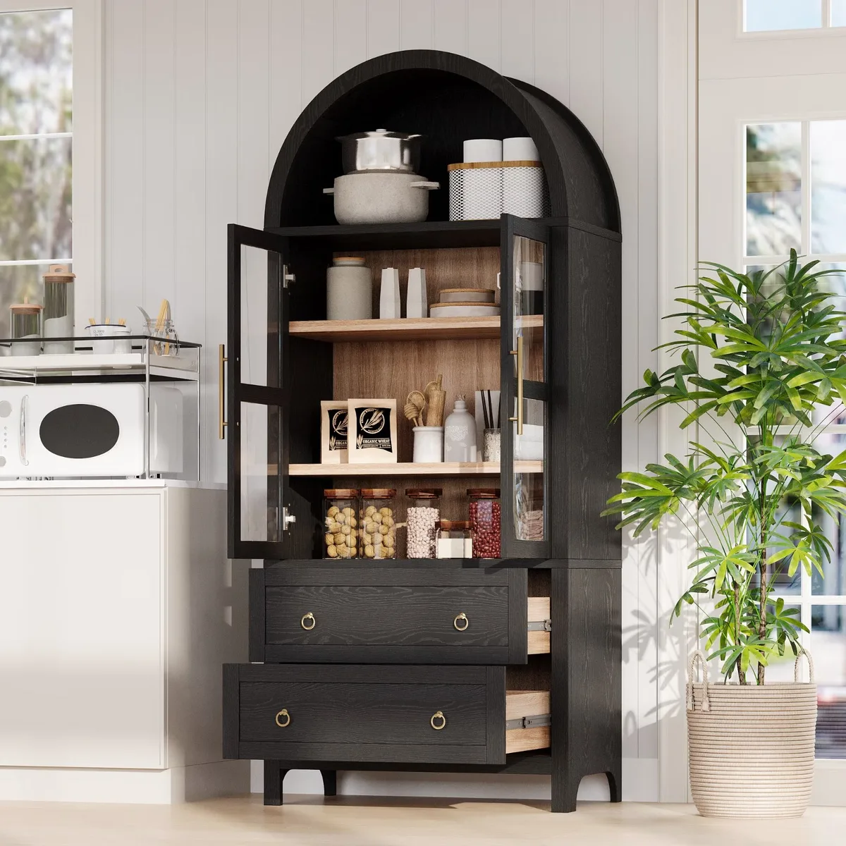 Arched Kitchen Cabinet $229 71" Pantry w/ Glass Doors 2 Drawers Wood Furniture - Photo 1 - Real photo at TamDoUS Salt Lake City
