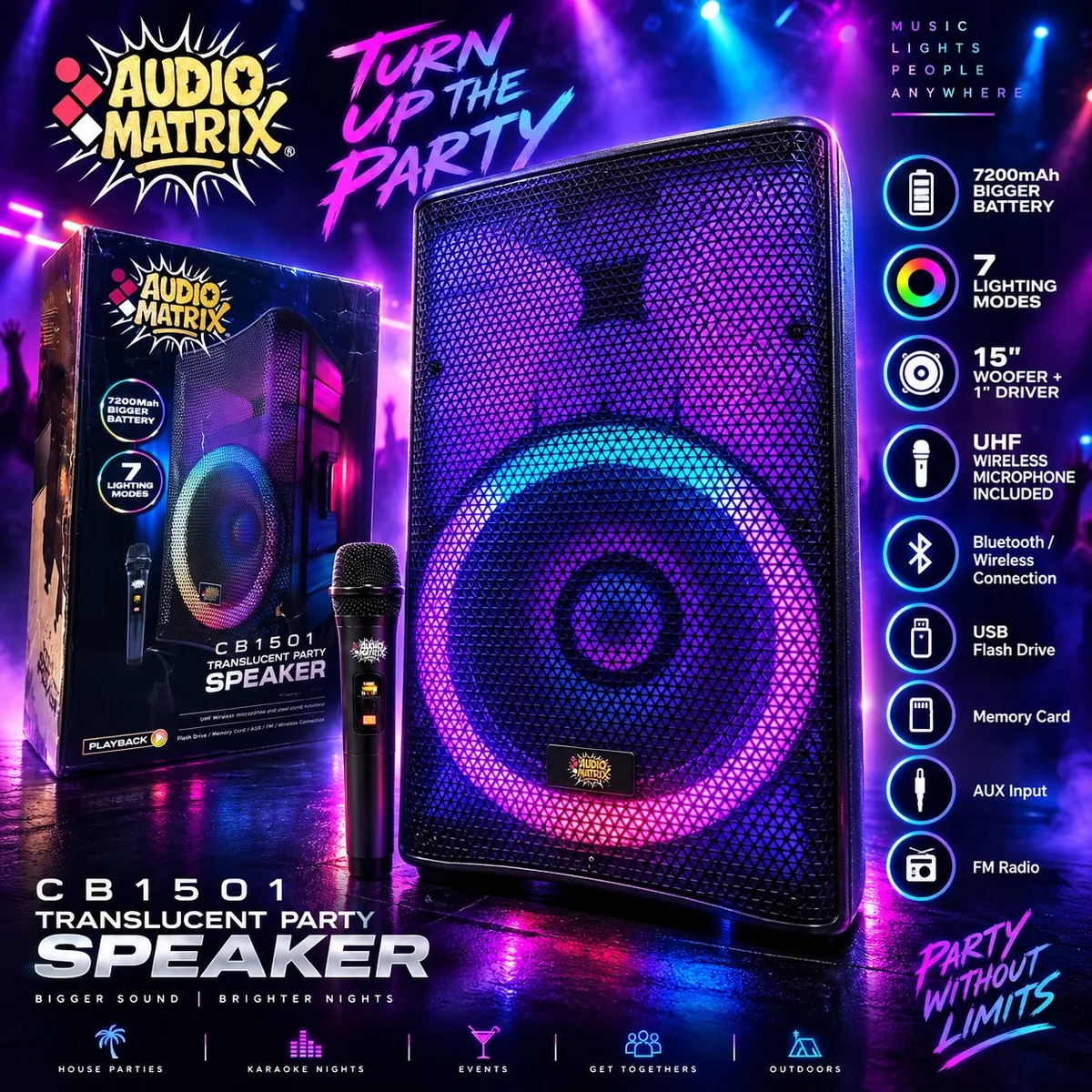 Audio Matrix CB1501 15" Translucent Bluetooth Party Speaker Wireless Mic & Stand - Photo 1 - Real photo at TamDoUS Salt Lake City
