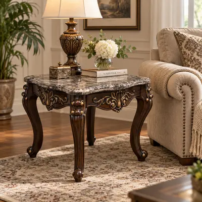 Cosmos Furniture Jade End Table 4090CHJAD, Dark Brown, Marble Top, Ornate Wood at Furniture in excellent condition