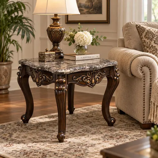 Cosmos Furniture Jade End Table 4090CHJAD, Dark Brown, Marble Top, Ornate Wood at TamDoUS Taylorsville