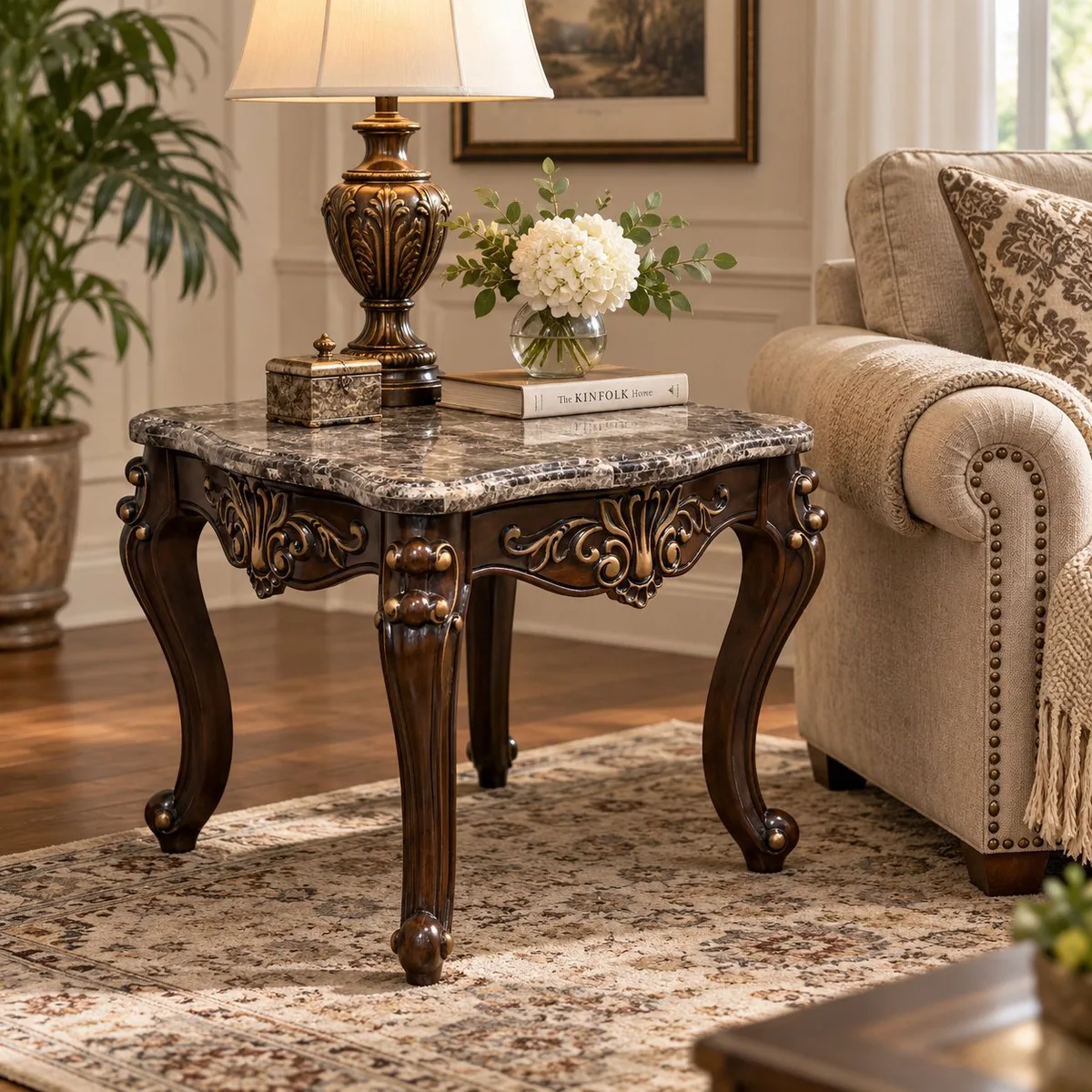 Cosmos Furniture Jade End Table 4090CHJAD, Dark Brown, Marble Top, Ornate Wood - Photo 1 - Real photo at TamDoUS Salt Lake City