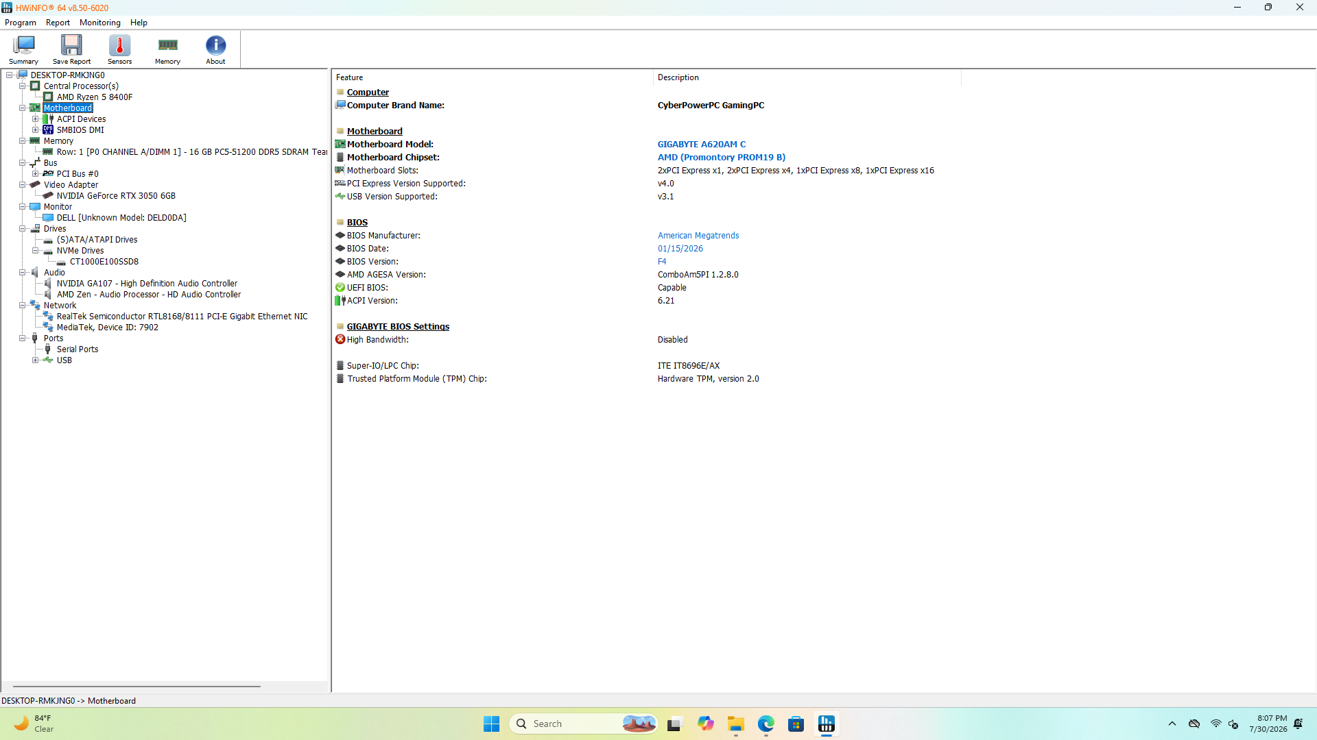 CyberPowerPC Gaming PC, AMD Ryzen 5 8400F, 16GB DDR5, 1TB SSD, RTX 3050 6GB - Thumbnail 7