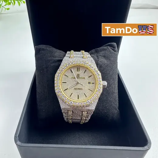 Men's Royal Oak Style Iced Out Automatic Watch Two-Tone Gold CZ Simulated at TamDoUS Taylorsville