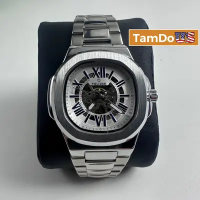 Tevise Mens Automatic Mechanical Watch Silver Skeleton Blue Roman Numerals Steel at Watches, Parts & Accessories in excellent condition
