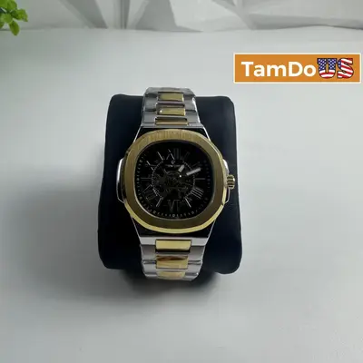 Tevise Mens Automatic Mechanical Watch Two Tone Gold Silver Skeleton Black Dial at Watches, Parts & Accessories in new_open_box condition