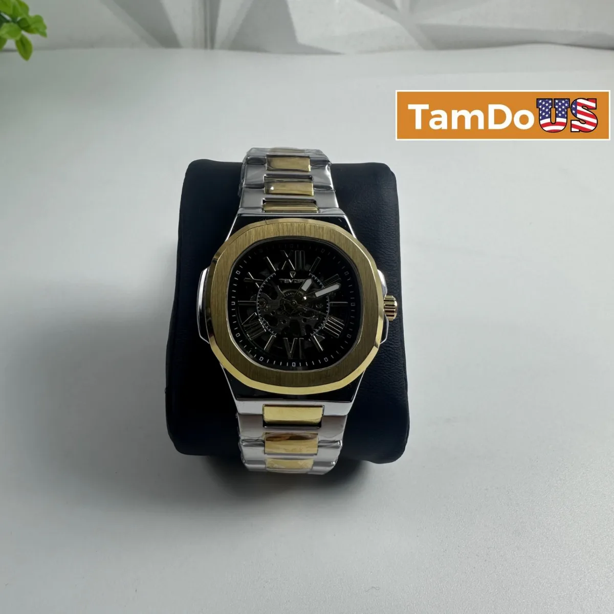 Tevise Mens Automatic Mechanical Watch Two Tone Gold Silver Skeleton Black Dial - Photo 1 - Real photo at TamDoUS Salt Lake City